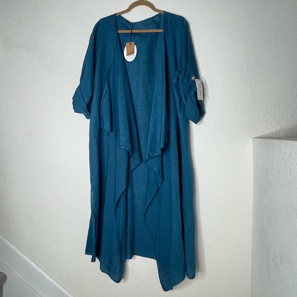 Made In Italy 100% Linen NWT Roll Tab Draped Open Long Overlay One Size Blue - Picture 1 of 14